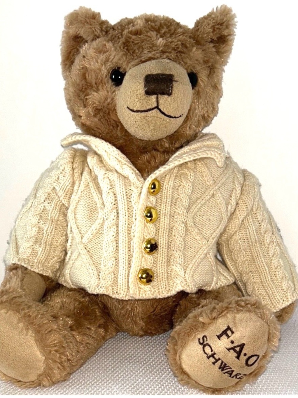 FAO Schwarz Plush Bear Button Cream Knit Leather Patch Sweater Medium Size Teddy
